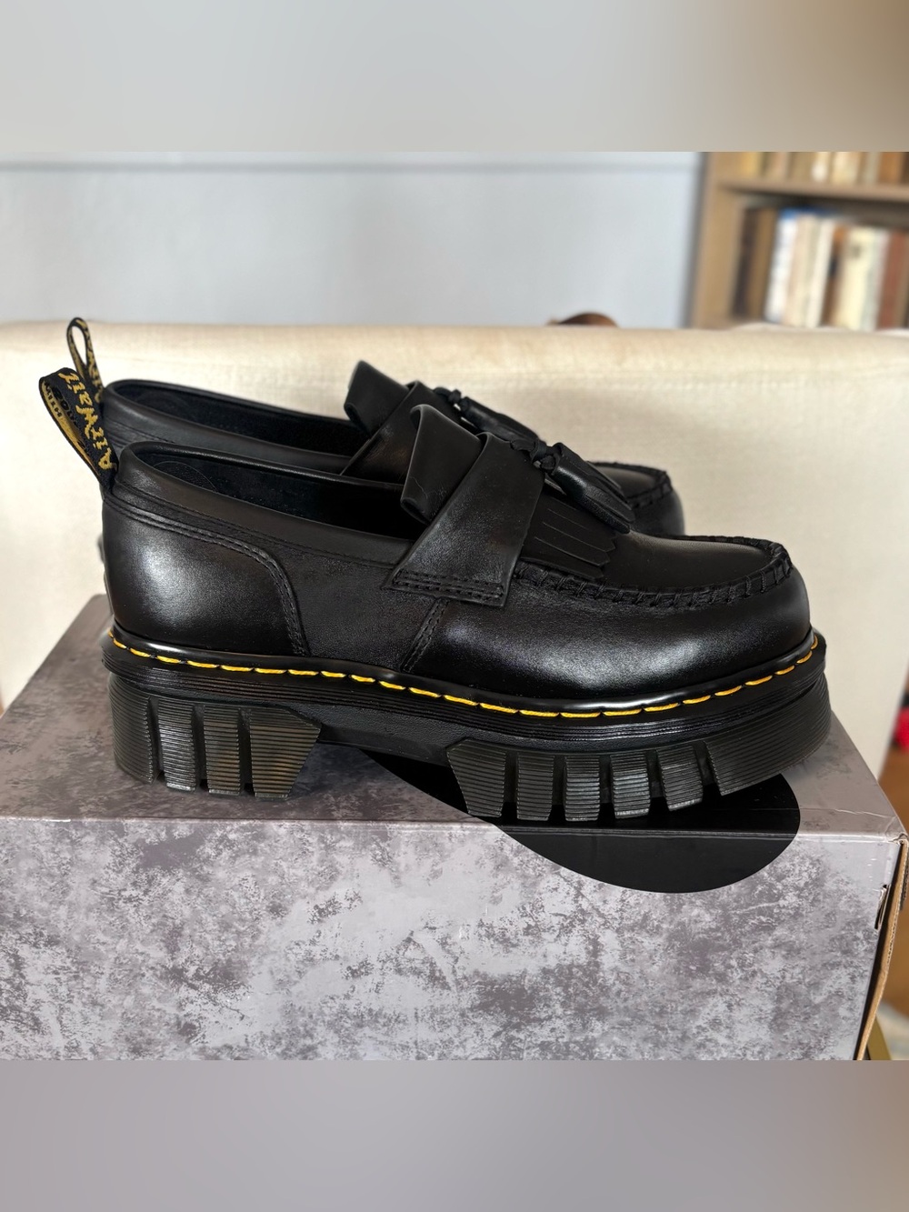 Dr. Martens Black Leather Chunky Tassel Loafers with Yellow Stitching